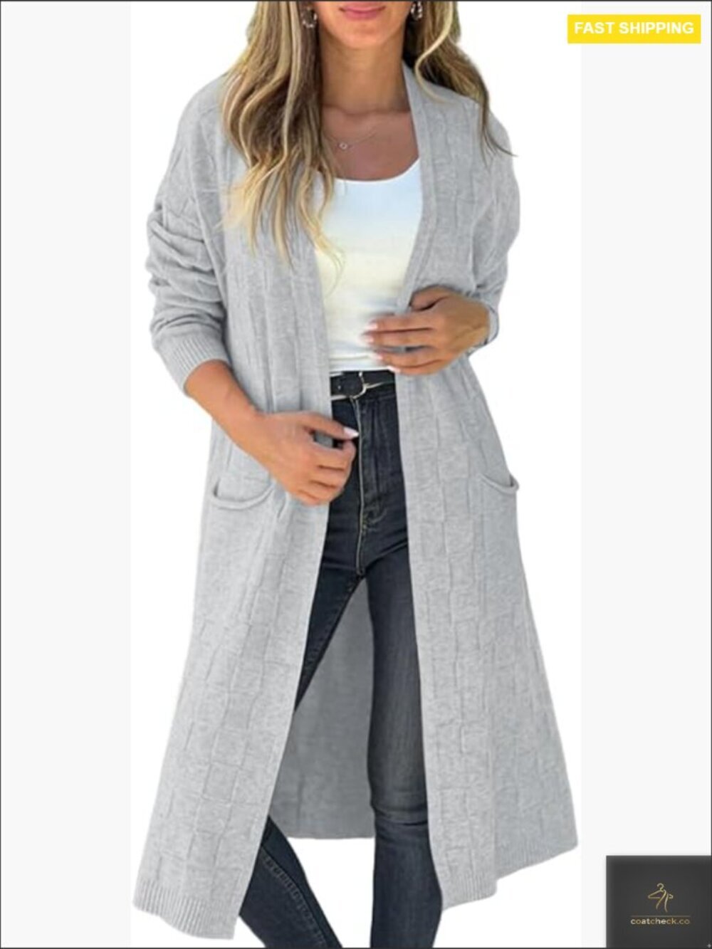 Oversized Checkered Cardigan Sweater Open Front Knit Jacket with Pockets